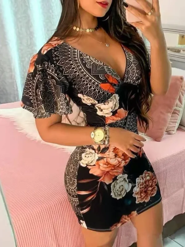 Summer Elegant Floral Print Bodycon Mini Dress Women 2024 Fashion Sexy Deep V-neck Package Hip Dresess Office Lady Party Dress - Image 5