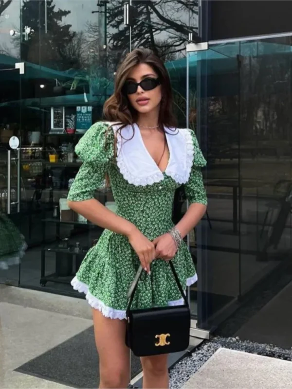 Summer Floral Printed Patchwork Mini Dress Female V-Neck Short Sleeve Slim Fashion Elegant Party Dresses Gown For Women Vestidos - Image 3