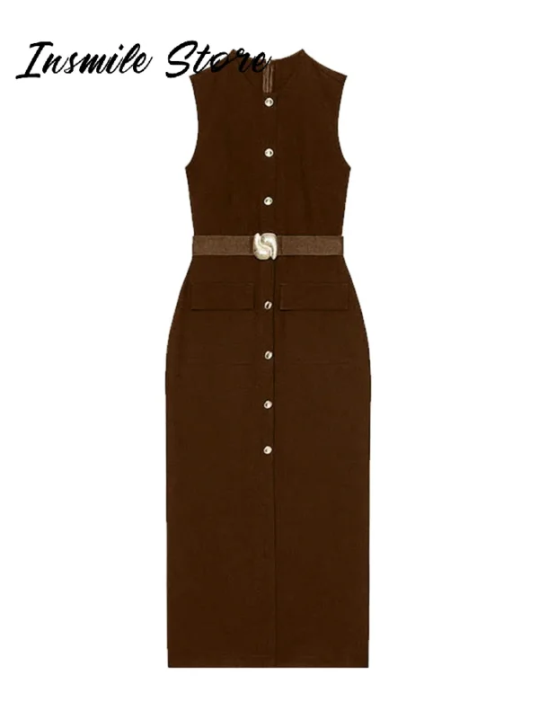 Elegant Black With Belt Women Dress O-neck Sleeveless Single Breasted Slim Female Maxi Dresses 2025 Summer New Chic Lady Robe - Image 6