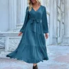 2024 Women Casual Long Sleeve v Neck Fall Dress Bohemian Ruffled Relaxed Fit Solid Maxi Dresses Tiered Cocktail Dress - Image 2