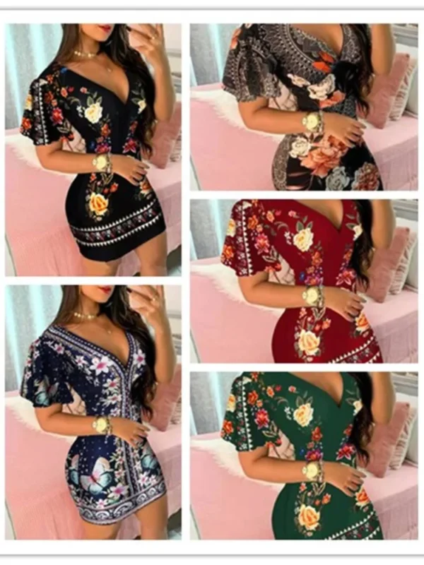 Summer Elegant Floral Print Bodycon Mini Dress Women 2024 Fashion Sexy Deep V-neck Package Hip Dresess Office Lady Party Dress - Image 6