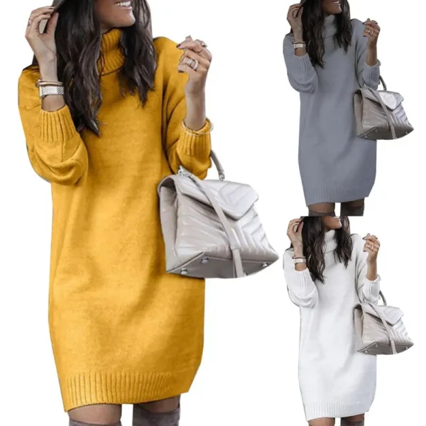 Knee-length Dress Women Loose Dress Long Sleeve Autumn Turtleneck Warm Knitted Sweater Knee-length Dress - Image 3