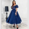 Shiny Navy Blue Off Shoulder Prom Dresses Glitter Ankle Length Sweetheart Evening Gowns Puff Sleeve Backless Cocktail Dress 011 - Image 3