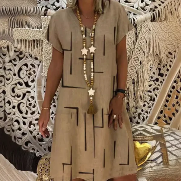 2024 Spring Oversize Print V-neck Short Sleeve Loose Dresses Summer Elegant Casual Trendy Lady Clothes - Image 4