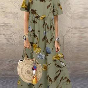 ZANZEA Summer Maxi Dress Women's Vintage Printed Sundress Casual Loose Short Sleeve Vestidos Vacation High Waist Robe Femme 2024