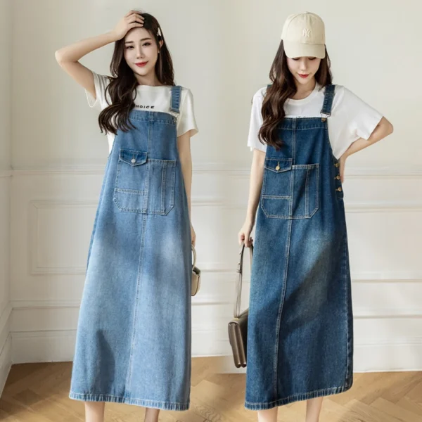 Women Denim Dresses Spring Summer Large Pocket Loose Casual Mid Length Jean Suspender Straps Dress Korean Versatile Vestidos - Image 2