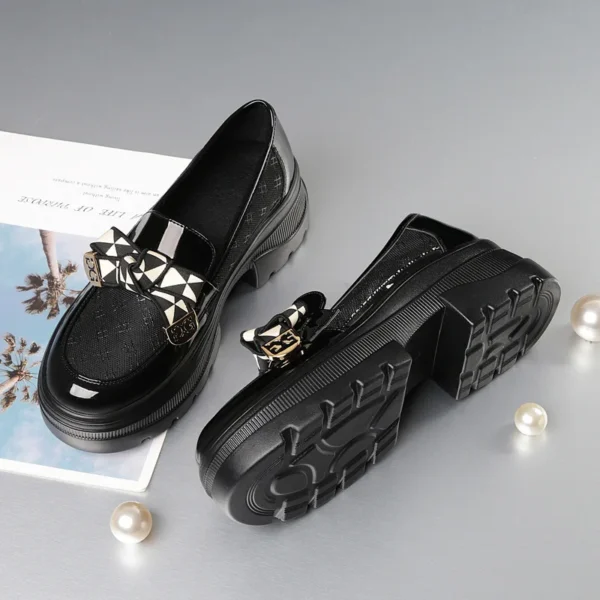 2024 Spring Female Shoes Women Fashion Mary Jane Round Toe Flats Loafers Oxfords Platform Casual Metal Chain Buckle Heels Black - Image 4