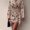 Women's Autumn New Long Sleeved Fashionable Printed Pleated Dress Sexy V-neck Irregular Casual Short Dress For Women - Image 3