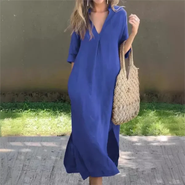 2024 Women's Autumn And Winter Two Side Slit Pocket Splicing V-neck Pleated Dress Loose Solid Color Retro Pullover Long Dress - Image 2