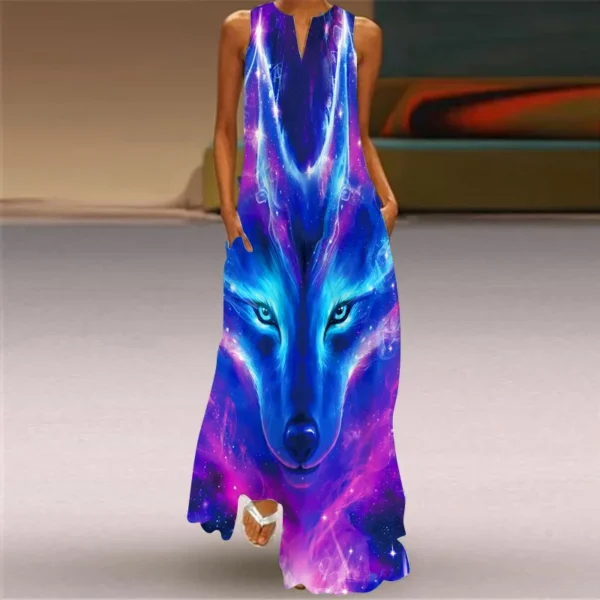 Vintage Print Maxi Dress For Women Summer Loose Sleeveless Long Dresses Elegant Lady V Neck Pocket Boho Beach Sundress Vestidos - Image 4