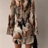 Women's Autumn New Long Sleeved Fashionable Printed Pleated Dress Sexy V-neck Irregular Casual Short Dress For Women - Image 4