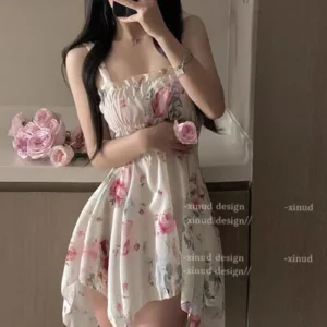 Hotsweet Style Flower Dress Chiffon Strap Temptation Sexy Elastic Waist Irregular Temperament Sweet Girl Perspective Dresses FJ8