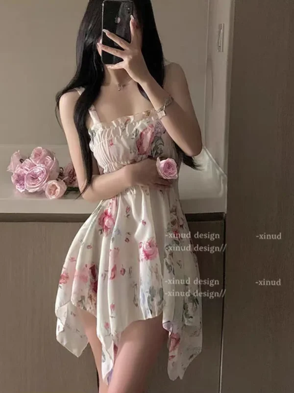Hotsweet Style Flower Dress Chiffon Strap Temptation Sexy Elastic Waist Irregular Temperament Sweet Girl Perspective Dresses FJ8