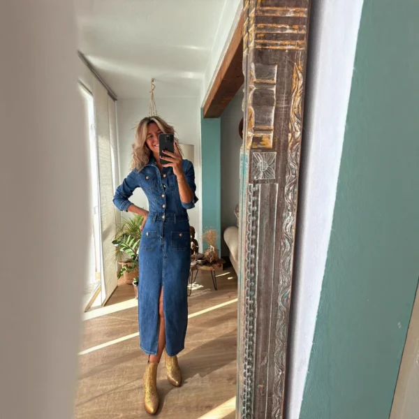Denim Dresses Mid Length Dress Women Single Breasted Slim Fit Streetwear Turn Down Collar Elegant Long Party Club Vestidos Y2k - Image 2