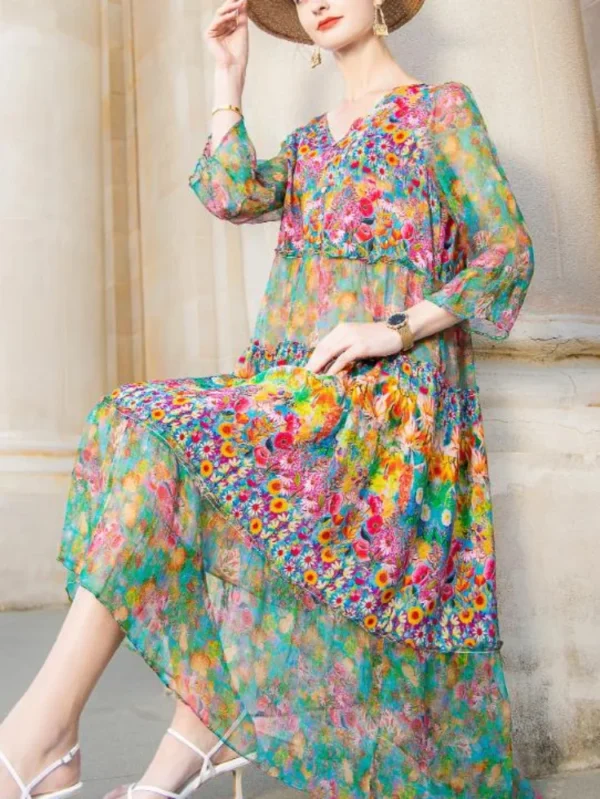High Quality Summer 2023 Beach Boho Vintage Print Chiffon V Neck Dress Elegant Party Robe Designer Vestidos Loose Midi Dresses - Image 2