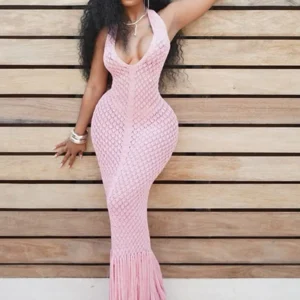 Beyprern Elegant Women Summer Hollow Out Fringed Crochet Beach Dress Sexy Backless Tassels Knit Vacation Dress Beach Swimwear