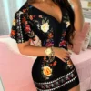 Summer Elegant Floral Print Bodycon Mini Dress Women 2024 Fashion Sexy Deep V-neck Package Hip Dresess Office Lady Party Dress