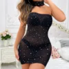 Combhasaki Womens Y2K Vintage Rhinestone Sexy Slim Fit Mesh Sheer See Through Off Shoulder Strapless Mini Tube Dress with Choker - Image 4