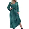 2024 Women Casual Long Sleeve v Neck Fall Dress Bohemian Ruffled Relaxed Fit Solid Maxi Dresses Tiered Cocktail Dress - Image 5