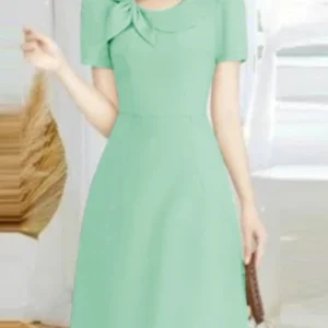 ZANZEA Elegant Women Party Vestidos Casual High Waisted Solid Midi Dress Short Puff Sleeve 2025 Summer Tied Collar A-line Robe
