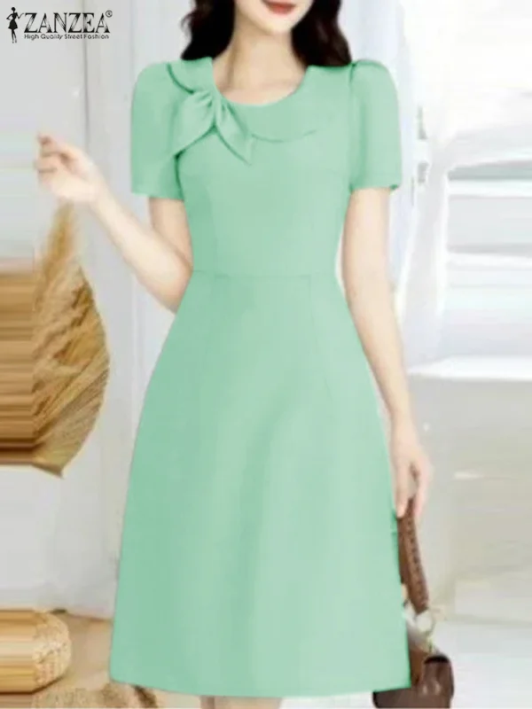ZANZEA Elegant Women Party Vestidos Casual High Waisted Solid Midi Dress Short Puff Sleeve 2025 Summer Tied Collar A-line Robe