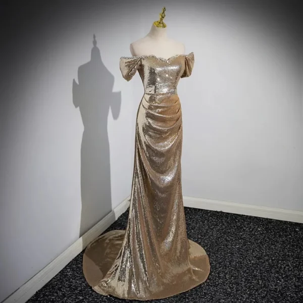 2025 Shiny Luxury Golden Evening Dress Female Premium Host Shoulder Trailing Sequins Prom Dress Celebrity Formal Party Dresses - Image 2