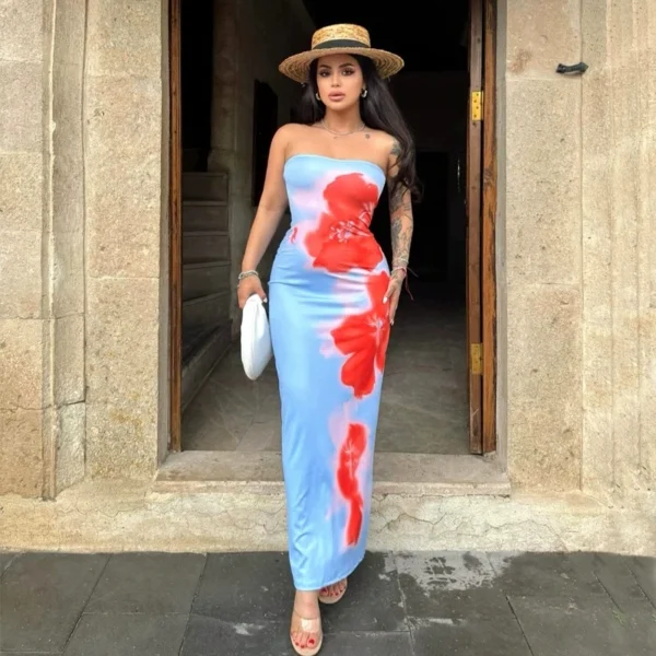 Chic Floral Print Strapless Long Dress Women Elegant Sleeveless Back Split Midi Dresses Lady Holiday Party Beach Backless Robe
