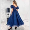 Shiny Navy Blue Off Shoulder Prom Dresses Glitter Ankle Length Sweetheart Evening Gowns Puff Sleeve Backless Cocktail Dress 011 - Image 4