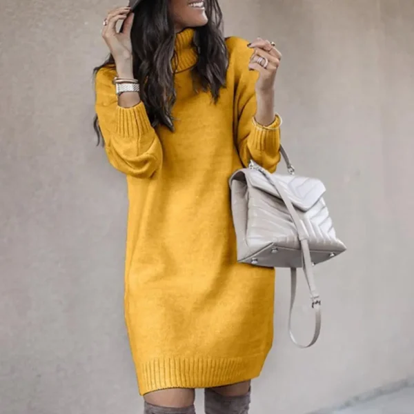 Knee-length Dress Women Loose Dress Long Sleeve Autumn Turtleneck Warm Knitted Sweater Knee-length Dress - Image 6
