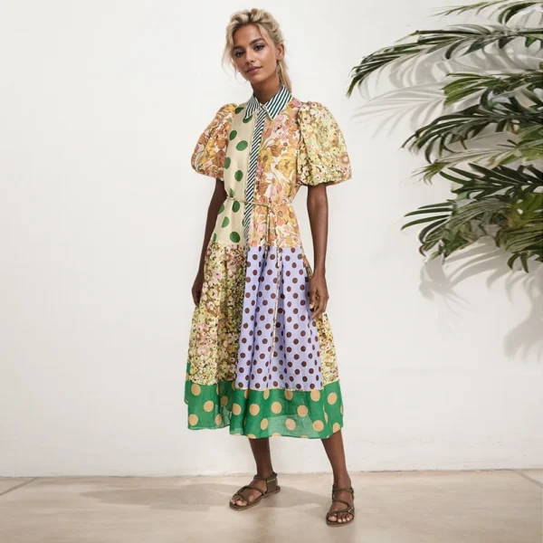Turn-Down Lantern Sleeve Dress For Women Lace Up Single Breasted Dress Summer Casual Pattern Printed Patchwork Shirt Dresses