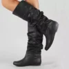 2025 New Women Flat Boots Fashion Pleated Leather Boots Autumn Winter Slip on Mid-Calf Shoes for Women Brand Designer High Boots - Image 2