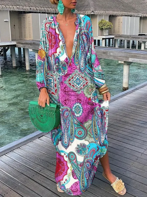 Women Boho Print Loose Beach Dress 2025 Spring Summer Elegant Deep V-Neck Maxi Dress Ladies Sexy Long Sleeve Oversized Dresses