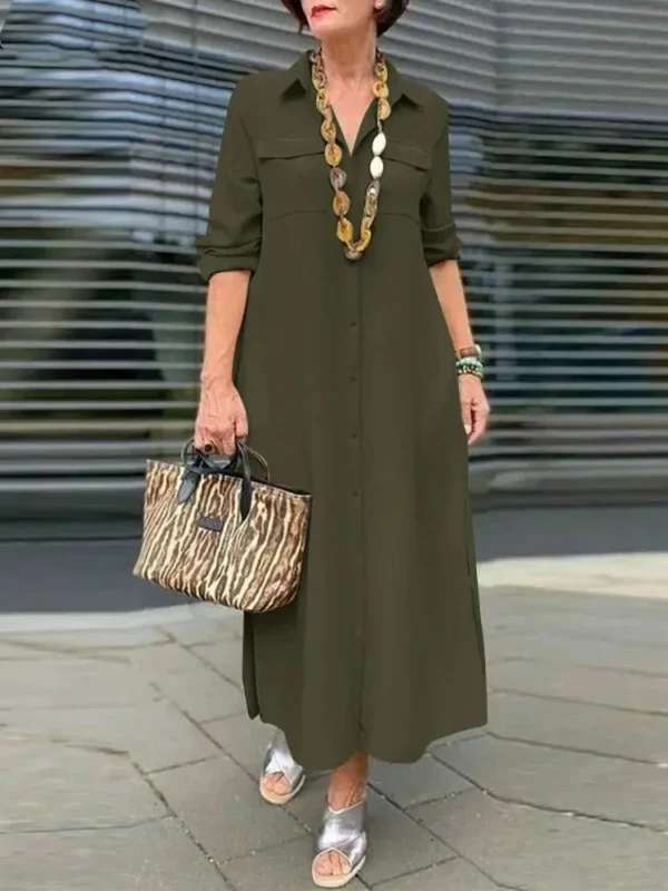 Autumn Women's New Elegant Solid Color Long Sleeved Fashionable Button Up Tie Pocket Plus Loose Casual Comfortable Dress