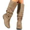 2025 New Women Flat Boots Fashion Pleated Leather Boots Autumn Winter Slip on Mid-Calf Shoes for Women Brand Designer High Boots - Image 5
