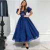 Shiny Navy Blue Off Shoulder Prom Dresses Glitter Ankle Length Sweetheart Evening Gowns Puff Sleeve Backless Cocktail Dress 011 - Image 2