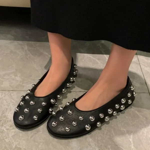 Women Casual Shoes New Rivet Round Head Flat Casual Sneakers Women Luxury Ballet Silver Ball Metal Hollow Mary Jane Shoes Women - Image 2