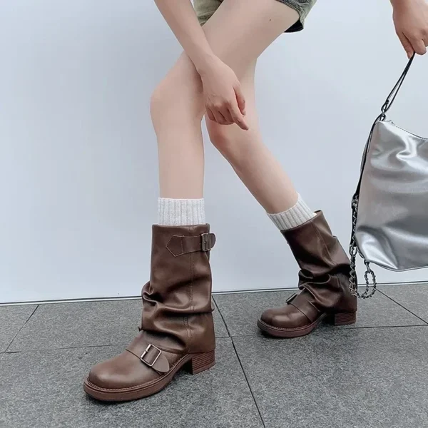Pleated Buckle Knight Boots for Women Autumn Brown PU Leather Mid Calf Boots Woman Slip-On Thick Heel Riding Botas Mujer 2024 - Image 4