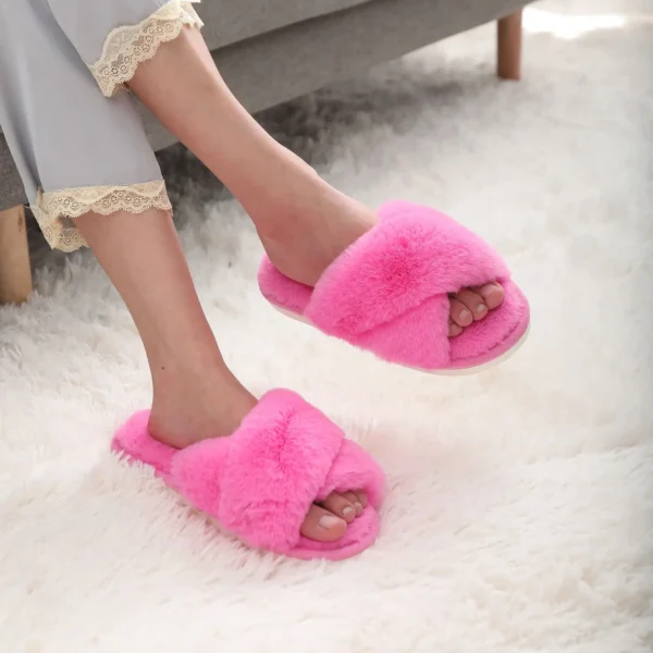 Kidmi Womens Fuzzy Memory Foam Slippers Cross Band Cozy Plush Home Slippers Fluffy Furry Open Toe House Shoes Indoor Slippers - Image 6