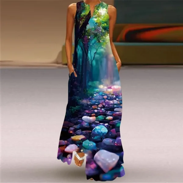 Vintage Print Maxi Dress For Women Summer Loose Sleeveless Long Dresses Elegant Lady V Neck Pocket Boho Beach Sundress Vestidos - Image 2