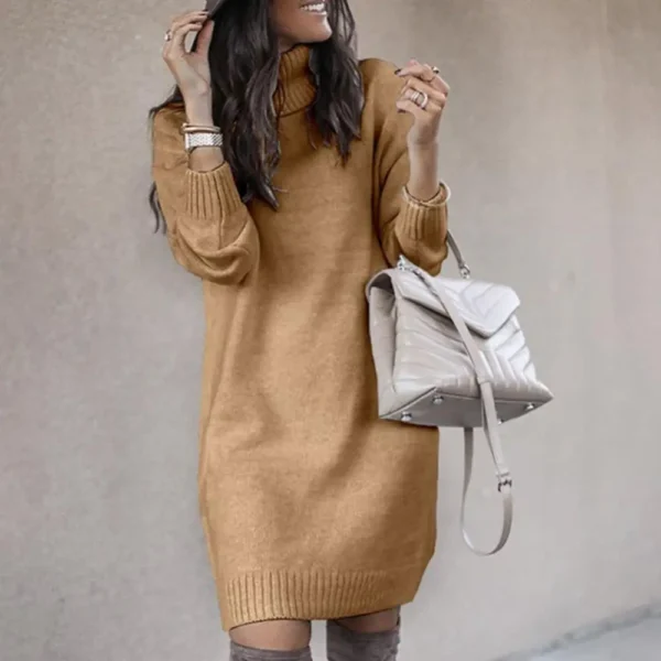 Knee-length Dress Women Loose Dress Long Sleeve Autumn Turtleneck Warm Knitted Sweater Knee-length Dress - Image 2