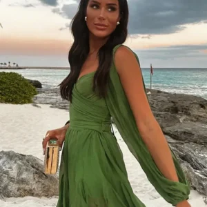 Women Sexy Chiffon Green Ruffles Split Dress V-neck Long Sleeve A Line Mini Dresses 2025 Female Holiday Beach Vacation Vestidos