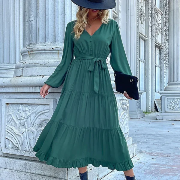 2024 Women Casual Long Sleeve v Neck Fall Dress Bohemian Ruffled Relaxed Fit Solid Maxi Dresses Tiered Cocktail Dress - Image 3