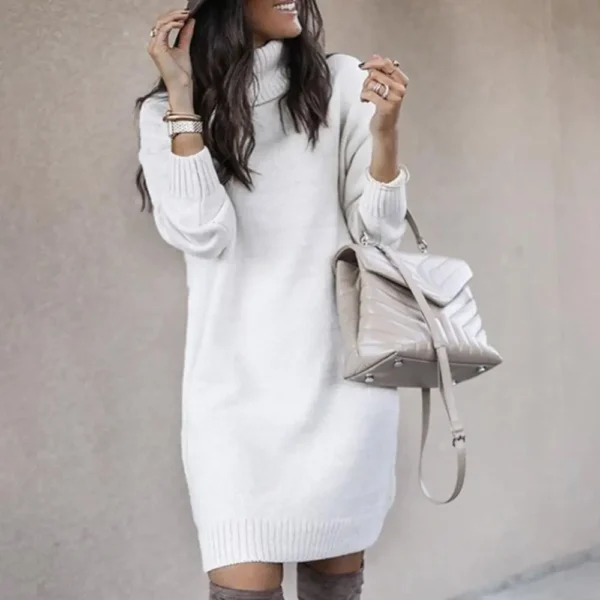 Knee-length Dress Women Loose Dress Long Sleeve Autumn Turtleneck Warm Knitted Sweater Knee-length Dress - Image 5