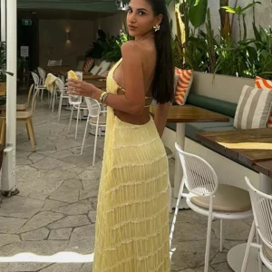 Elegant Pleated Halter Long Dresses Women Retro Sexy Slim Sleeveless Backless Beach Dress Female Chic Party Holiday Vestidos