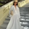 Boho White Long Dress Women Ruffle V-neck Full Flare Sleeves Loose Dresses Female 2025 Spring Summer Lady Beach Vacation Robes