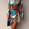 Women's Autumn New Long Sleeved Fashionable Printed Pleated Dress Sexy V-neck Irregular Casual Short Dress For Women