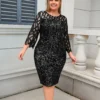 Party Dress Plus Size Ladies Midi Sequin Mesh Long Sleeve Lace Elegant Bodycon L-4XL 5XL Evening Dresses Woman Summer - Image 3