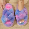 Women’s Cross Band Slippers Cozy Furry Fuzzy House Slipper Indoor Non Slip Open Toe Slip On Warm Plush Shoes Soft Lightweight