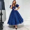 Shiny Navy Blue Off Shoulder Prom Dresses Glitter Ankle Length Sweetheart Evening Gowns Puff Sleeve Backless Cocktail Dress 011