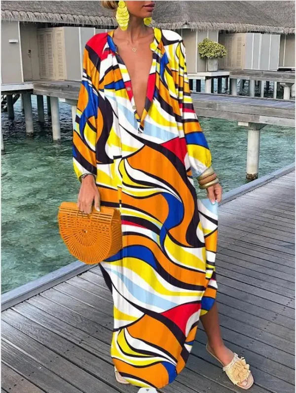 Women Boho Print Loose Beach Dress 2025 Spring Summer Elegant Deep V-Neck Maxi Dress Ladies Sexy Long Sleeve Oversized Dresses - Image 4